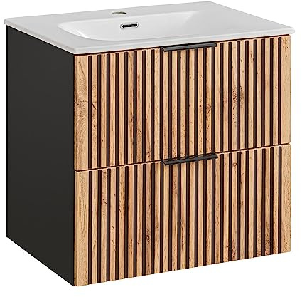 Lomadox Badezimmer Waschtisch 61 cm Waschbecken mit Unterschrank Waschbeckenunterschrank anthrazit mit Eicher Nb. schwarz gerillt, 61x58,5x46 cm