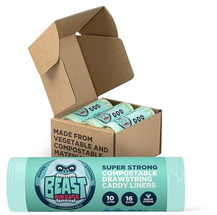 BEAST BIN BAGS, 6 Rolls of 16 x 10 Litre Bags (Total 96 Bags) - Certified Food Waste Bags made from Vegetable and Compostable Material - Extra Strong Compostable Drawstring Caddy Liners