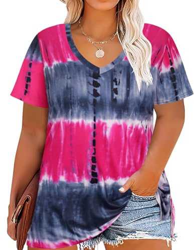 CARCOS Plus Size Tops for Women 3X Short Sleeve Tie Dye T Shirts 2024 Basic V Neck Summer Pink Black Blouses Casual Loose Fit Side Split T-Shirts Tunics 3XL 22W 24W