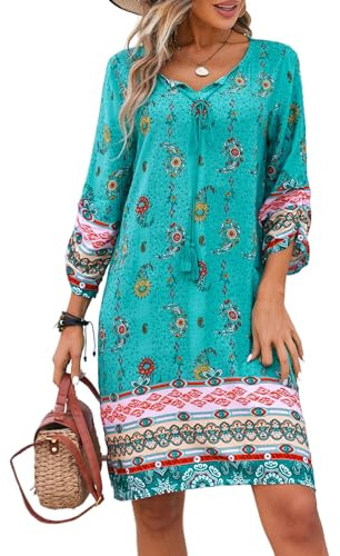 ZEAGOO Sommerkleider Damen Strandkleid Bohemian 3/4-Arm Tunika Kleid | Minikleid,Freizeitkleid,Knielang,Luftig,Leichte Kleider