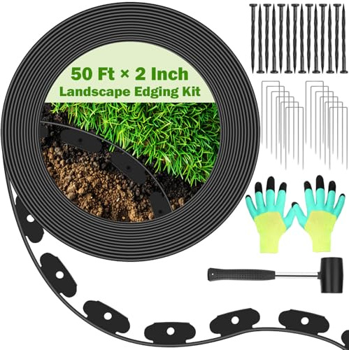 Jupwalz 50ft×2in Landscape Edging Border Kit with 90pcs 2 Types of Garden Staples, No Dig Garden Border Edging with Staples, Hammer, Gloves for Garden Border Edging Flower Beds Lawn Edging