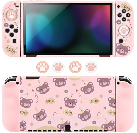 DLseego Protective Case for Switch OLED,Shockproof Soft Grip Cover Dockable Protective Shell for Switch OLED Console Accessories with 2 Joycon Cover and 4PCS Joystick Caps,Pink Cute Bear