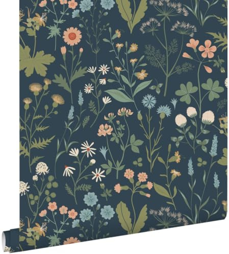 papier peint fleurs des champs bleu foncé, vert et rose 53 cm x 10.05 m - ESTAhome