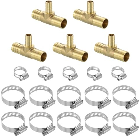 QUARKZMAN 5 Stück Messing Schlauchverbinder Schlauchstutzen, 3-Wege-T-Stück Wasseranschluss 3/4 x 1/2 x 3/4 Reduzierstück mit 15 Stück Schlauchschellen für Wasser Kraftstoff Luft