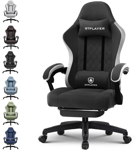 GTPLAYER Sedia da gaming, ergonomica, da scrivania, con superficie in tessuto, cuscino a molla, braccioli di collegamento e poggiapiedi, Nero