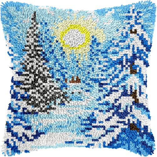Kitquiver Diy Knüpfkissen Mit Vordruck Winterwaldlandschaft Knüpfhaken-Set Für Erwachsene Und Anfänger, Stick- Und Häkelset, Diy-Set Für Kissenbezüge 17x17in