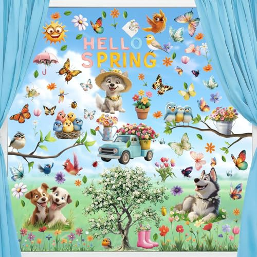 Shinybox Fensterbilder Frühling Selbstklebend, 9 Blätter Fensterbilder Frühling Sommer Schmetterlinge Deko, Blumen Wiederverwendbar, Kinderzimmer Fensterdeko Frühling(D)