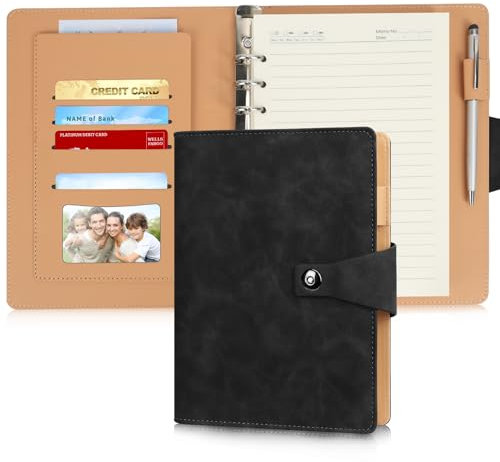 Skycase A5 Ringbuch aus PU-Leder, 6-Ring Loseblatt-Notizbuch, Nachfüllbarer Planer & Ordner, Schwarz – Elegantes Notizbuch für Büro, Schule und Studium
