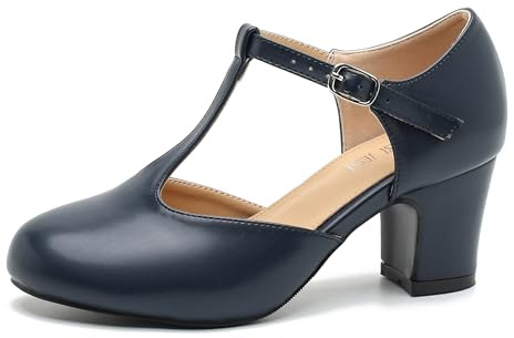 Mary Jane Damen-Pumps mit T-Riemen, mittelhoher Blockabsatz, Schnalle, Marineblau matt, 44 EU