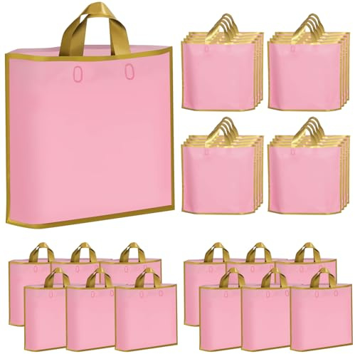 NAHRMY 50 Stück Merchandise Einkaufstüten Plastik Geschenktüten Groß Rosa 40 x 35 x 10 cm, Warentaschen Plastiktüten mit Griff für Kleine Unternehmen Hochzeit Partytüten