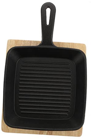 ABOOFAN Sartén Cuadrada de Hierro Fundido con Base Plana y Bandeja de Madera, Ligera y Fácil de Limpiar para Cocinar en Cocina de Inducción
