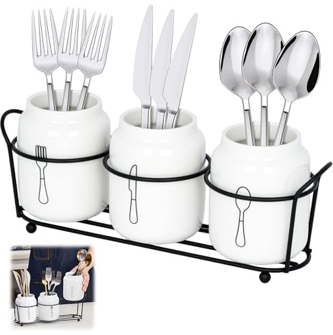 ohbien 3 Pcs Kitchen Utensil Holder Ceramic with Metal Rack, Cutlery Caddy Holder for Countertop Utensil Storagae Holders for Forks Spoons Knives Silverware Holders for Kitchen Parties