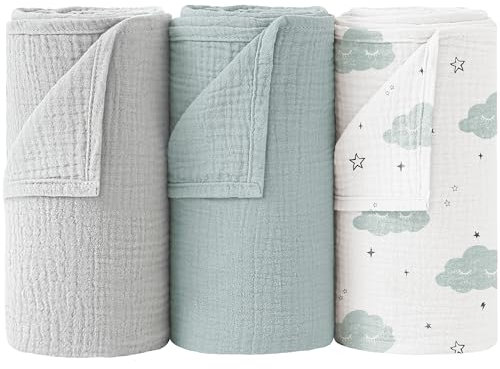 Bearmoss Baby Pucktuch Musselin Decke 100% Baumwolle Dünne Atmungsaktive Babydecke Baby Swaddle Decke Tücher für Junge und Mädchen 3 Stück 96x102cm (Wolken)