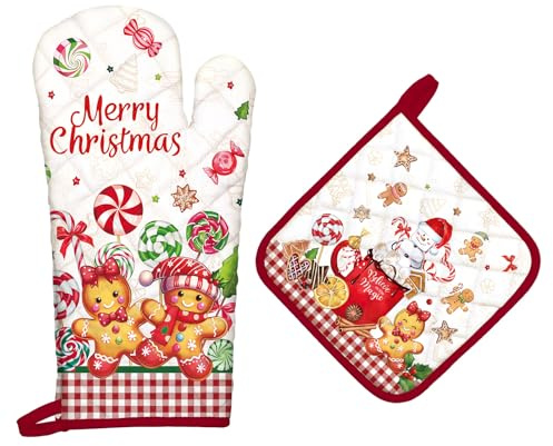 Arquiel Weihnachten Lebkuchen Ofenhandschuh & Topflappen 2er-Set | Baumwoll-Küchenset mit Weihnachten Lebkuchen-Motiv, hitzebeständig und praktisch zum Kochen, Backen und Grillen.