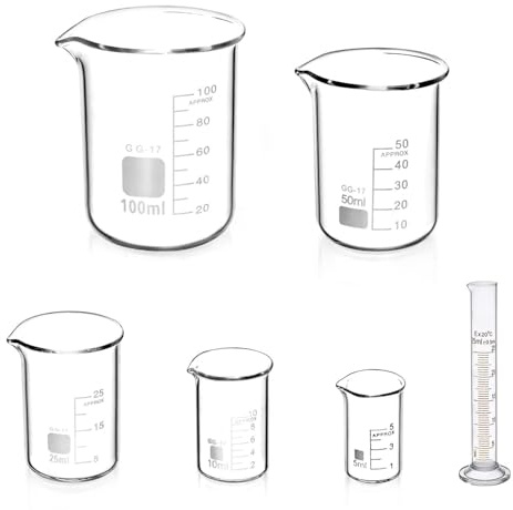 6 Pcs Graduated Borosilicate Glass Beaker and 1 Pcs Graduated Cylinder, 5ml 10ml 25ml 50ml 100ml Set for Students, Home Science & Professional Use