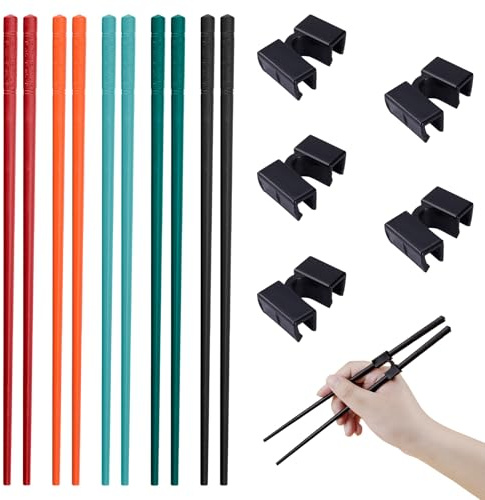 Leikedun 5-Paar Fiberglas Essstäbchen und Essstäbchen Trainer Helfer, Spülmaschinenfest, Rutschfeste, Sushi Chopsticks Aus Legierung(24cm), für Erwachsene und Kinder (Mehrfarbige)