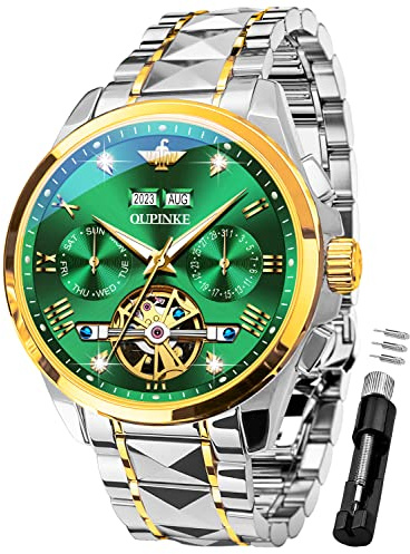 OUPINKE Montre Homme Mécanique Automatique Squelette Luxe Cristal Saphir Diamant Acier Tungstène Étanche Cadeau Affaires Vert/doré Style Luxueux ou Professionnel