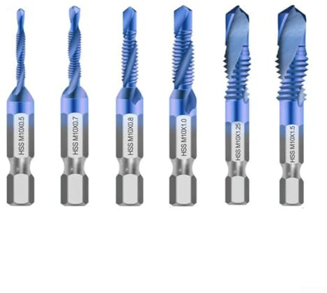 Zoegneer Lot de 6 tarauds HSS avec revêtement bleu, filetage métrique pour le travail du bois, tige hexagonale pour changement rapide d'outils