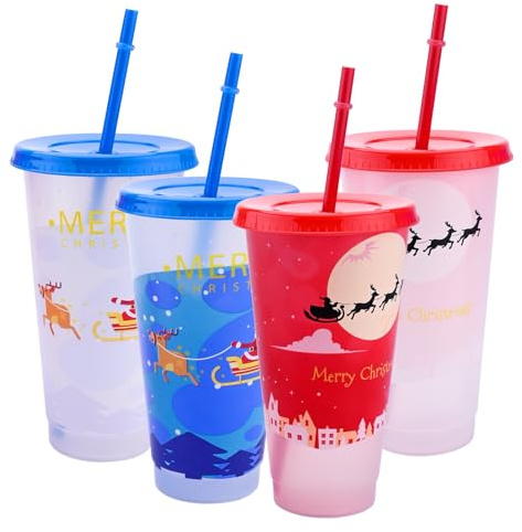 Embhlitfe 4 Pcs Christmas Colour Changing Cups,Christmas Cups Plastic Christmass Drink Cup,710ml Reusable Travel Tumblers Xmas Iced Coffee Cup Cold Water Drink Change Cups for Xmas Party Supply