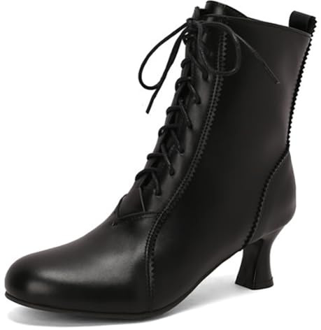 MiaZane Stivaletti alla Caviglia Vittoriani Donna con Lacci Punta Tonda Tacco Kitten Vintage Stivaletti con Cerniera Laterale per Autunno e Inverno Abbigliamento Streetwear,Nero,34 EU