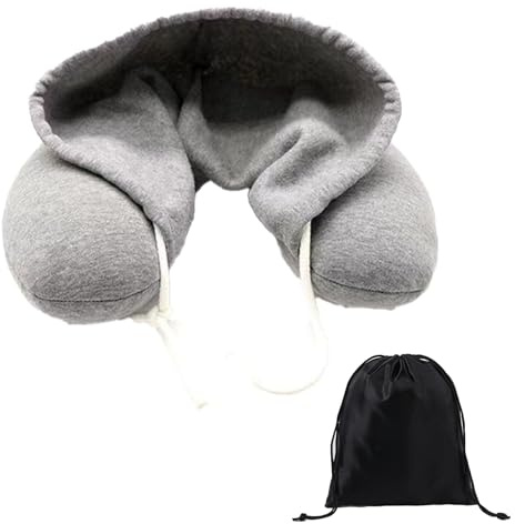 CBMZHF Coussin de nuque en forme de U avec poche de capuche intégrée, soutien cervical à 360 degrés, adapté pour l'avion, les voyages, le bureau, lavable en machine (gris)