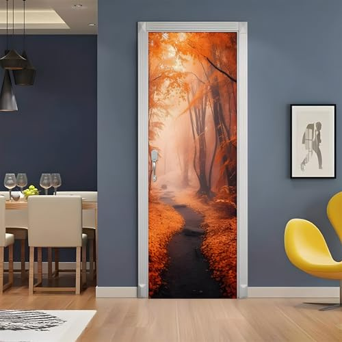 Türtapete Selbstklebend 100x200 cm Waldweg Orange Türaufkleber 3D entfernbar für schlafzimmer wohnzimmer badezimmer dekoration - türposter wasserdicht