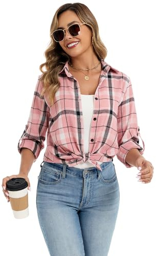 Famrrifuu Chemise Femme a Carreaux Classique Chemisier en Flanelle Chic et élégant Blouse Shirt 100% Coton Décontractée, Rose, M