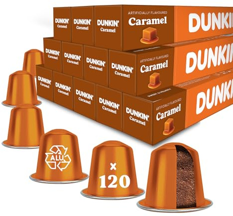 Dunkin' Donuts Caramel – 120 Capsules de Café | Compatibles avec Machines Nespresso Original Line | 100% Arabica | Torréfaction Douce avec Arôme Caramel | Sucré, Crémeux & Aromatique