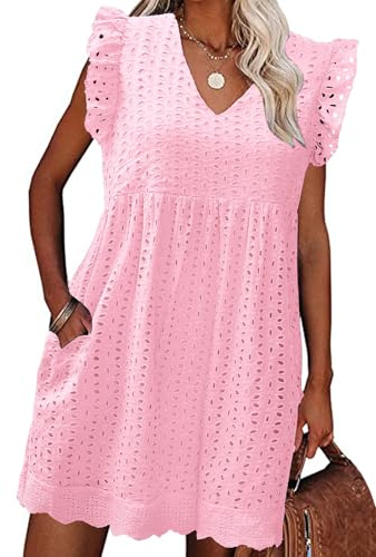 PASUDA Robe Femme Ete Chic Robe Courte avec Poches Robe Boheme Coton en Dentelle Jacquard Col en V Ample Robe Swing D 'été Robe de Plage Décontracté à Manches à Volants (Rose Clair, M)