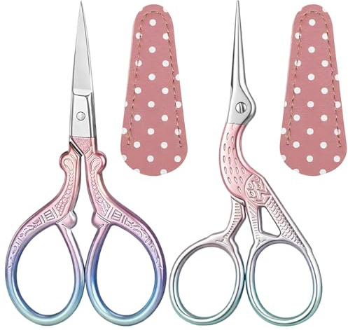 2 Stück Handarbeitsschere, Stickschere Klein Scharf, Fadenschere, Edelstahl Storch Nähschere, Edelstahl Handwerk Schere, für Stickerei, Handarbeiten, Nähen, Basteln mit PU Schere Abdeckung Rosa