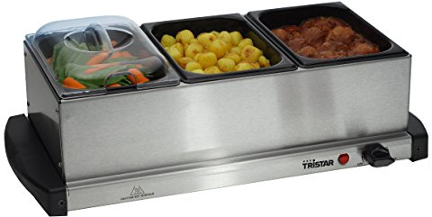 Tristar Edelstahl Buffetwärmer - mit einstellbarem Thermostat, 3 x 1,5L Buffetbehälter, als Heizplatte verwendbar (200 Watt), BP-2979