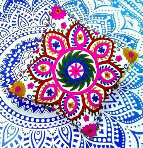 Traditional Jaipur Suzani Embroidered Pillow Cover, Indian Outdoor Cushions, Decorative Throw Pillow Case, Pom Pom Cushion Cover 16x16, Boho Pillow Shams