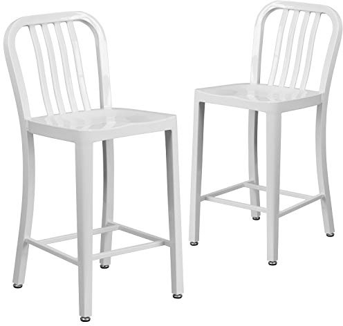 Flash Furniture Barhocker mit Rückenlehne – Metall-Barstuhl für Innen- und Außenbereich – Tresenstuhl ideal für die gewerbliche Nutzung – 2er Set – Weiß | Handelsübliche Qualität, für den Innen- und Außenbereich, Thekenhöhe