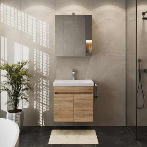 Planetmöbel Waschbecken mit Unterschrank, Keramikwaschbecken | 63 x 60 x 36,5 cm, Spiegelschrank 60 cm mit LED-Leuchte (chrom) & Steckdose, modernes Badmöbel Set, Sonoma Eiche