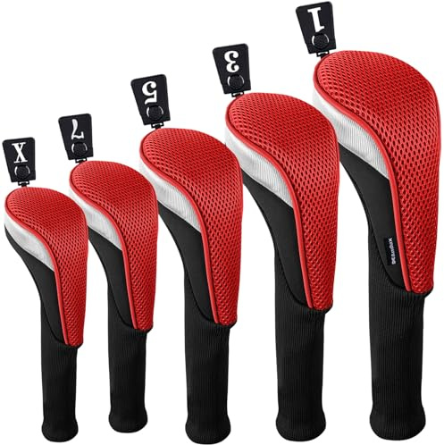 Andux 5pcs/Set Golf 460cc Driver Fairway Wood Club Head Covers Long Neck Black/Red