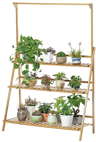 medla Blumenregal Pflanzentreppe aus Bambus für mehr Pflanzen und Blumenampel, Blumenständer Klappbar mit Höhenverstellbar Hängestange für Innen-Balkon Wohzimmer Outdoor Garten Dekor, 100 x 40 x 96cm