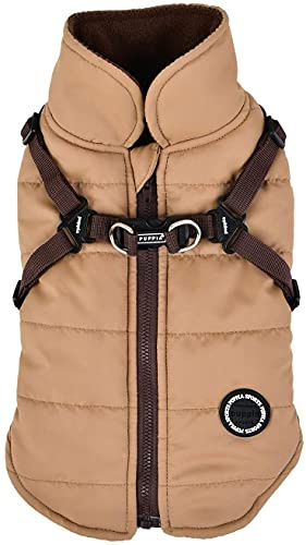 Puppia Hochwertiger Hundemantel für kleine Hunde und mittelgroße Hunde - wasserdicht und mit Fleece gefüttert für angenehme Wärme - Hundemantel mit Geschirr, Beige, M, PAPD-VT1366-BE-M