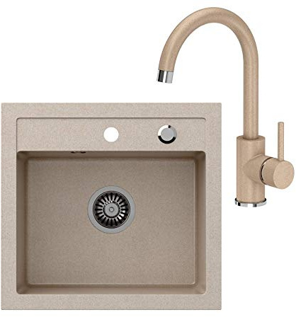 VBChome Spülbecken + Armatur 50 x 47 cm Beige Spüle Einzelbecken Küche Einbauspüle Verbundspüle Küchenspüle gesprenkelt flächenbündig + Siphon Waschbecken