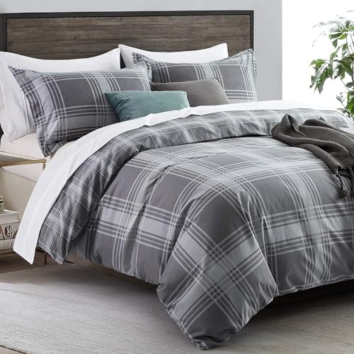 Imperial Rooms Double Duvet Set Reversible Printed Bedding Set Premium Brushed Microfiber Duvet Cover with Pillowcases (Grey Check 200x200 CM)
