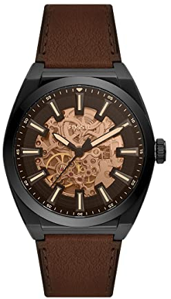 FOSSIL Orologio Everett da uomo, Movimento automatico a tre lancette con cinturino in acciaio inossidabile o in pelle, 42 mm, Marrone