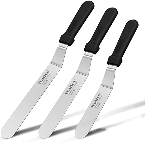 Walfos Abgewinkelter Zuckergussspatel - Edelstahl Tortenspatel Offset Tortenspatel Set zum Backen, Kunststoffgriff für einfachen Griff (15cm, 20cm, 25cm)
