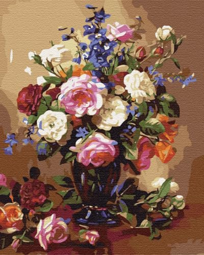 Artnapi Malen nach Zahlen Erwachsene mit Rahmen | DIY Handgemalt | Blumen - Rosen und Pfingstrosen | Kit für Anfänger und Erwachsene | Set inklusive Acrylfarben & Pinsel | 40x50cm Leinwand