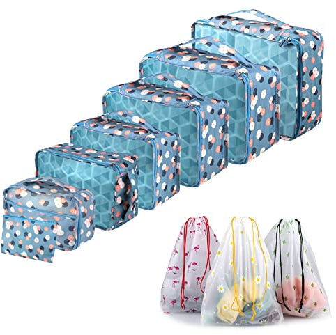Sciphylia Koffer Organizer 10 Stück Reise Kleidertaschen Packing Cubes Kofferorganizer Packwürfel Set für Reise Packtaschen für Kleidung Verpackungswürfel mit Kosmetiktasche Schuhbeutel, Blaue Blumen