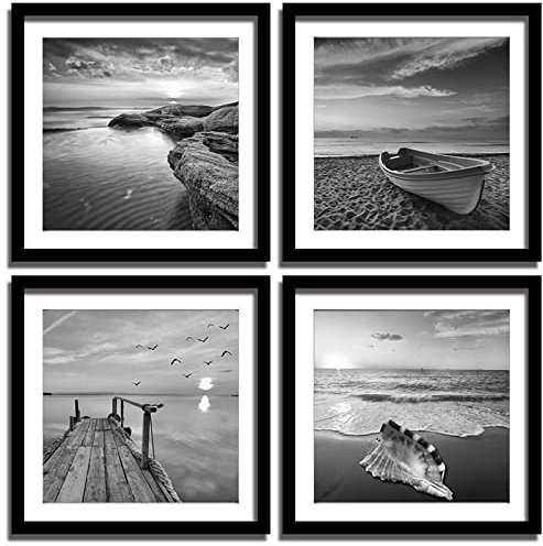 Black Prints Beach Picture Decor - Grey Seascape In Sunrise Paintings Set Of 4 Framed Card Paper Wall Art 12x12 Inches Romantic Sea Scenery Artwork for People Home Bedroom Bathroom Kitchen Decoration