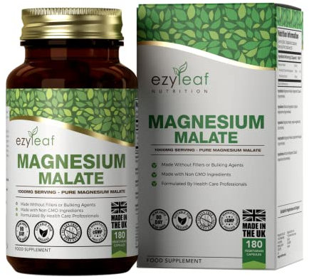 EZ Magnesio Malato | 180 Capsule Magnesio Malato Alta Concentrazione - 1000 mg per Dose | Vegano e Senza Riempitivi | Non-OGM, Senza Glutine ed Allergeni | Prodotto nel Regno Unito