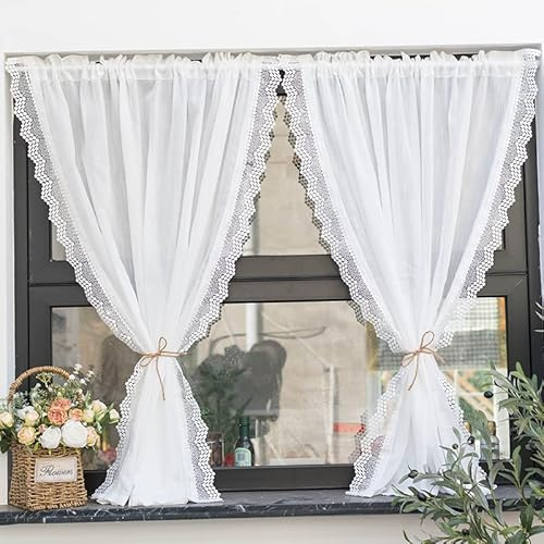 Yaland Leinenoptik Scheibengardine mit zarten Spitzen-Wellenkante 1 Stück | Gardine für Küche Café Wohnzimmer Balkon Landhausstil Kurzstore mit Stangendurchzug Boho Küchegardine HxB 160x150cm Weiß