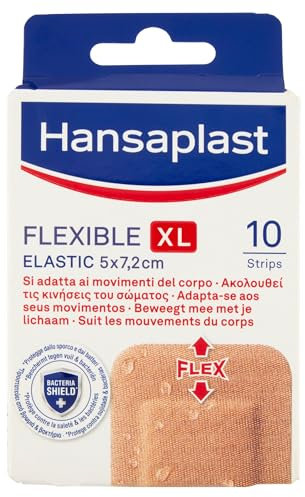 Hansaplast FLEXIBLE XL, Cerotti medicazione per articolazioni, ginocchia e gomiti, Cerotto flessibile e resistente all'acqua che si adatta ai movimenti, 1 Confezione da 10 cerotti grandi 5 x 7,2 cm
