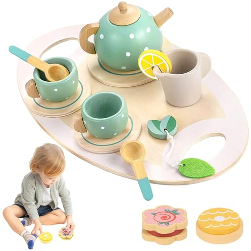 Abiemuce Juego de té para niños de madera, juego de té de madera, juego de té para niños, accesorios de cocina para fiestas de té, juegos de rol, juego de té de madera para niñas pequeñas, juego de té