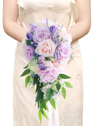 Roahosy Ramo de novia en cascada, rosas moradas artificiales, flores lilas, ramo de boda, cascada, ramos de novia para ceremonia de boda, aniversario, despedida de soltera