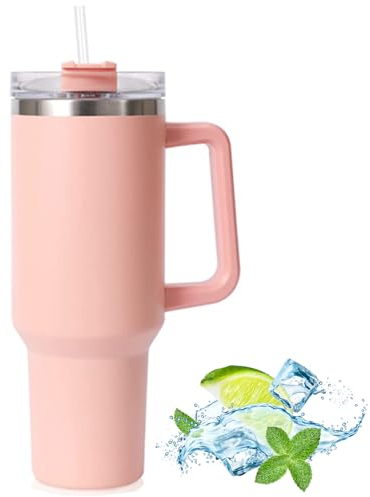 JFABL Gobelet de 1200 ml avec poignée et couvercle à paille, tasse à café de voyage isotherme en acier inoxydable à double paroi qui maintient la chaleur froide et la glace pendant des heures, 1182 ml
